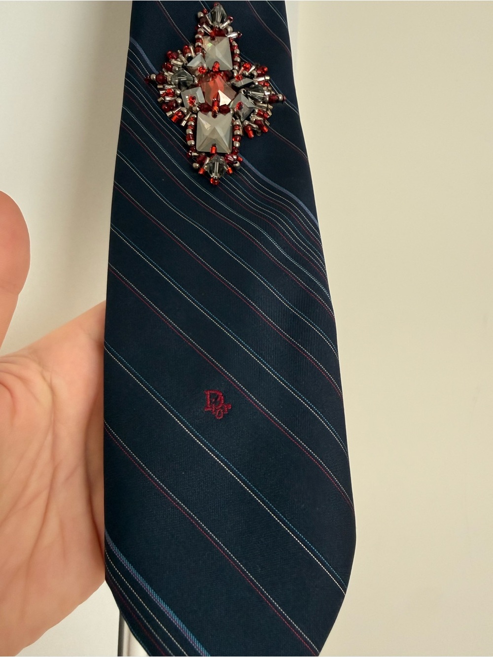 Dior Navy Blue Striped Silk Tie with Jewel Motif - Picture 6 of 8